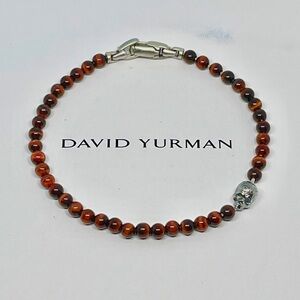 David Yurman Red Tiger’s eye 4mm Bead Bracelet with Sterling Silver Skul…